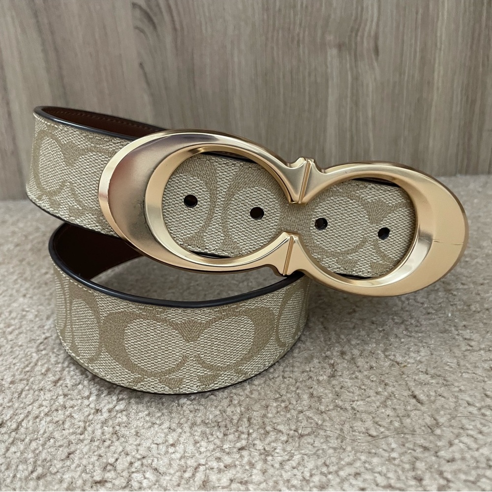 EUC COACH 38mm KISS C SIG PVC/Leather Womens Light Khaki/ Gold Belt Sz M